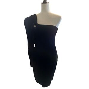 Jessica McClintock Black Velvet One Shoulder Cocktail Dress Embellished Flower